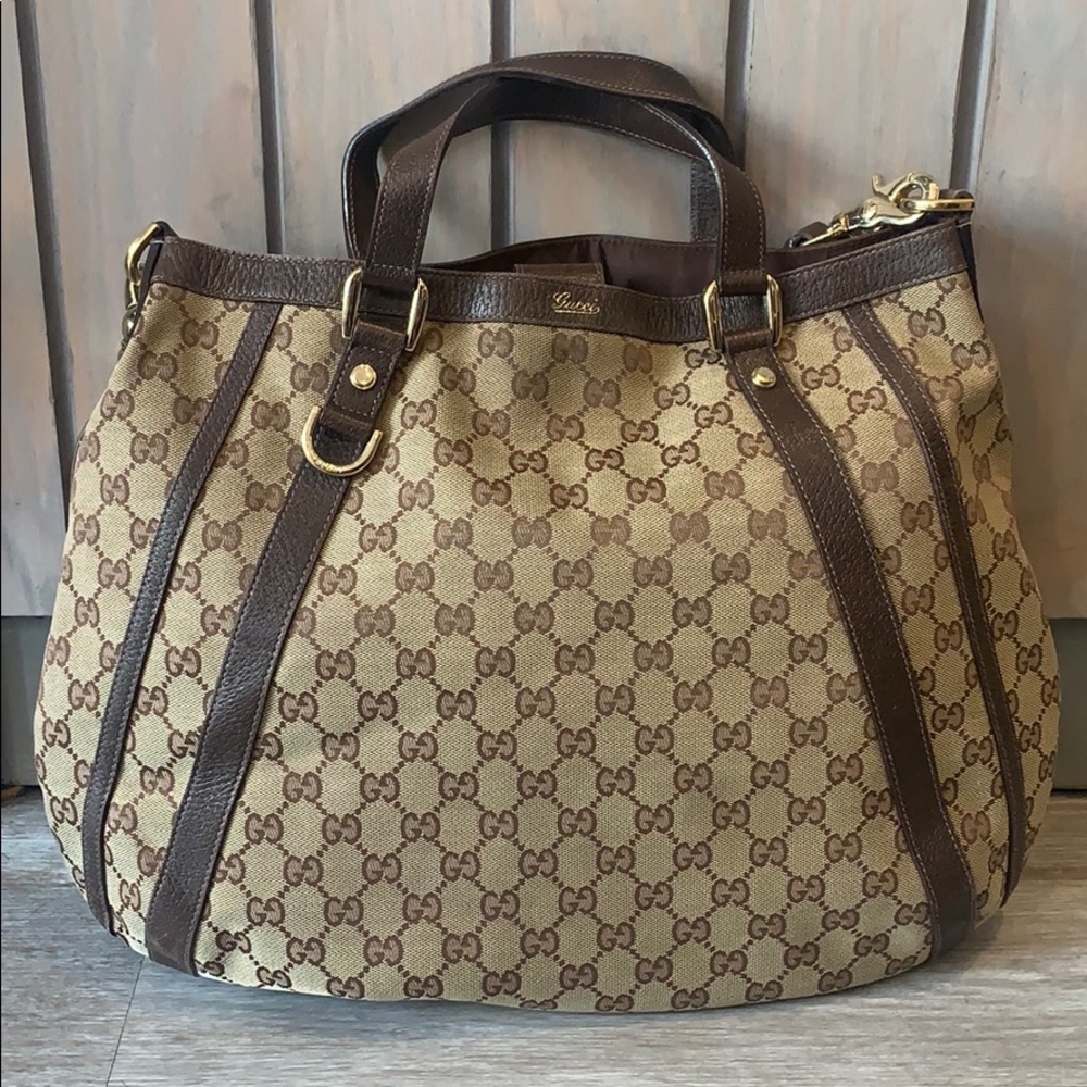 Gucci Traditional GG Canvas and Brown Leather Bag